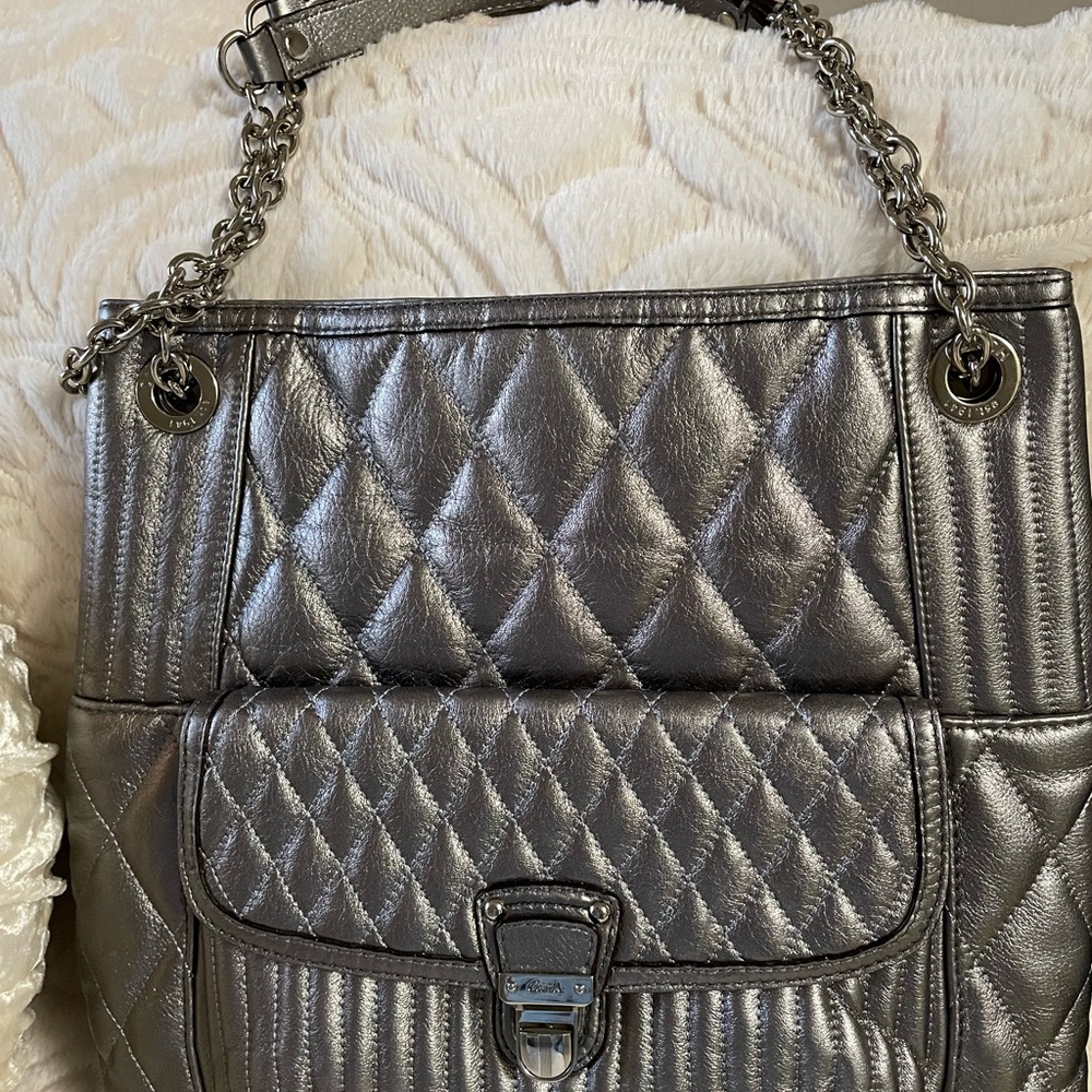 Coach Gun Metal silver bag. Can be used over the shoulder or cross body. EUC.